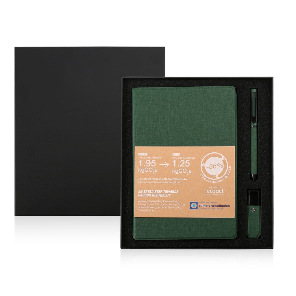 LENZEN - CHANGE ZERO Sustainable Gift Set with Refillable Notebook, Pen & USB Keychain - Green