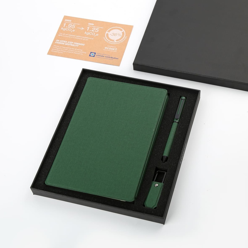 LENZEN - CHANGE ZERO Sustainable Gift Set with Refillable Notebook, Pen & USB Keychain - Green