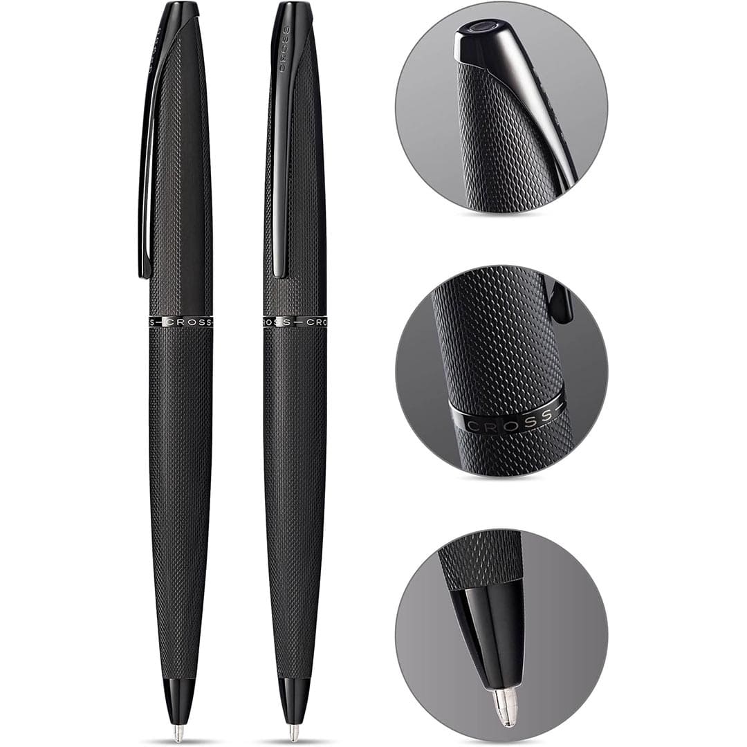 Cross ATX® Brushed Black with Machine-Turned Diamond Pattern Engraving with Polished Black PVD Appointments Ballpoint Pen (Blue Ink) 2
