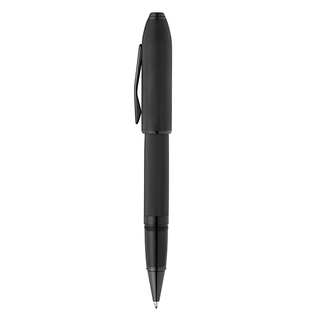 Peerless™ Polished Black PVD Engraved Diamond Pattern with Black PVD Appointments and Swarovski Crystal Rollerball Pen (Blue Ink) 2