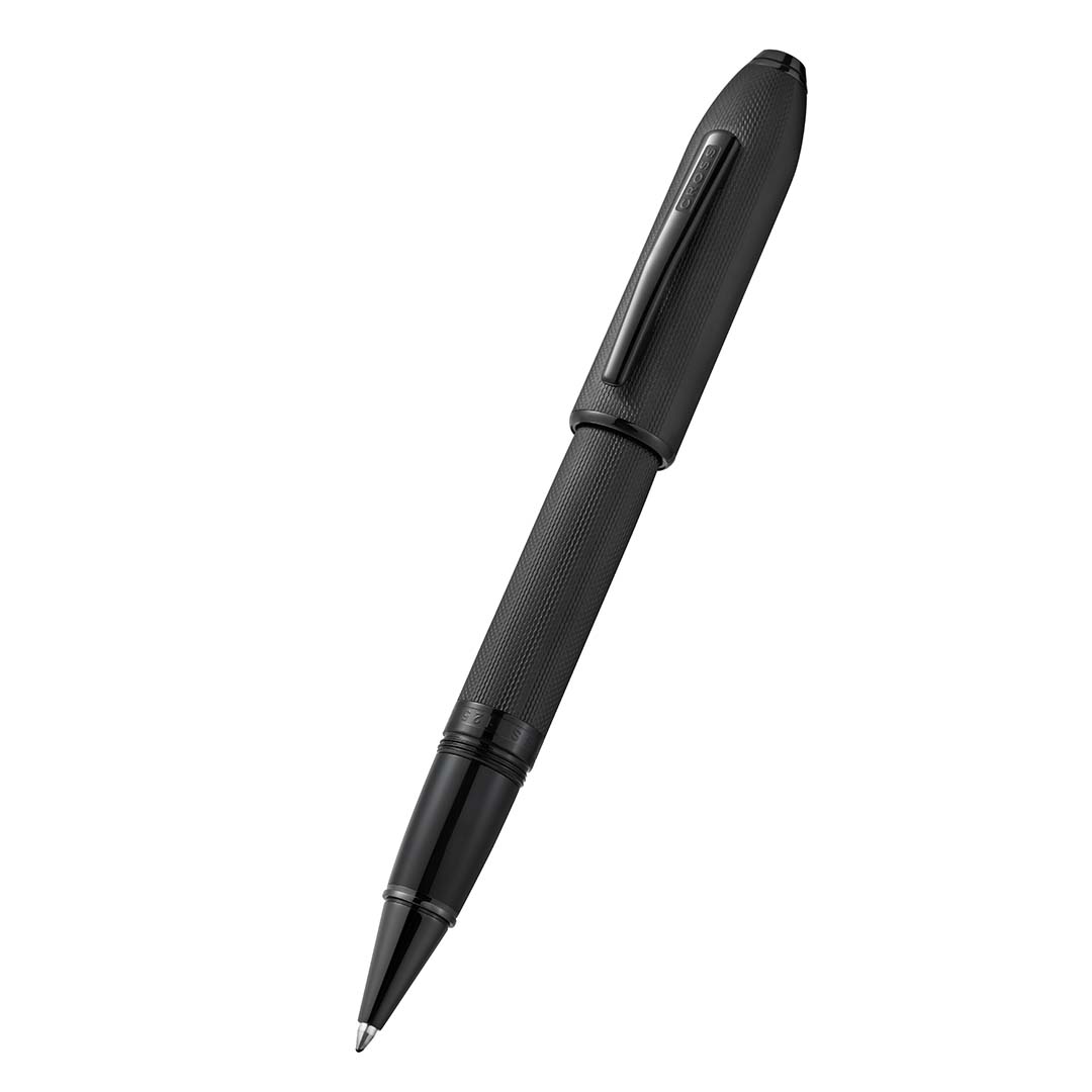 Peerless™ Polished Black PVD Engraved Diamond Pattern with Black PVD Appointments and Swarovski Crystal Rollerball Pen (Blue Ink) 3
