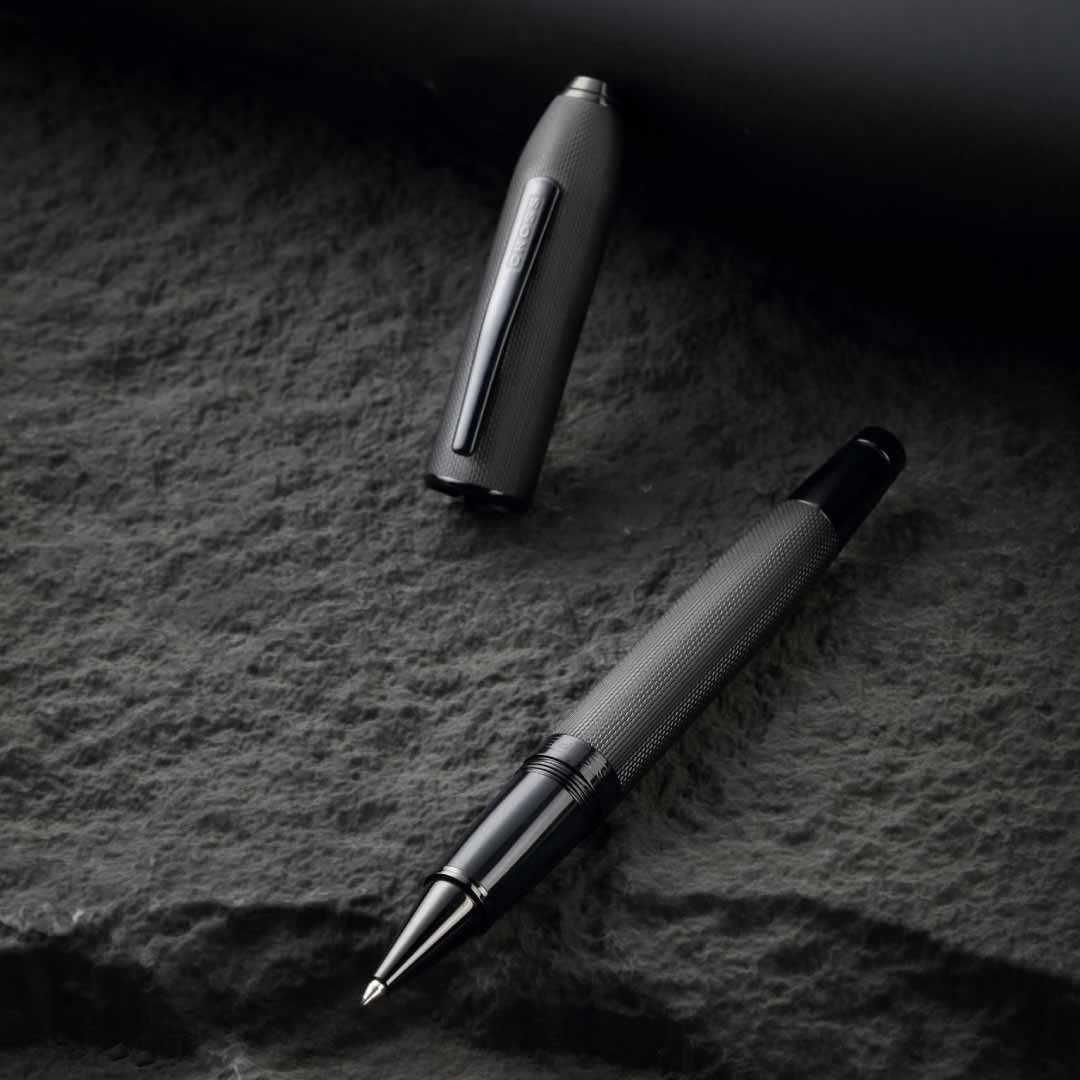 Peerless™ Polished Black PVD Engraved Diamond Pattern with Black PVD Appointments and Swarovski Crystal Rollerball Pen (Blue Ink) 5