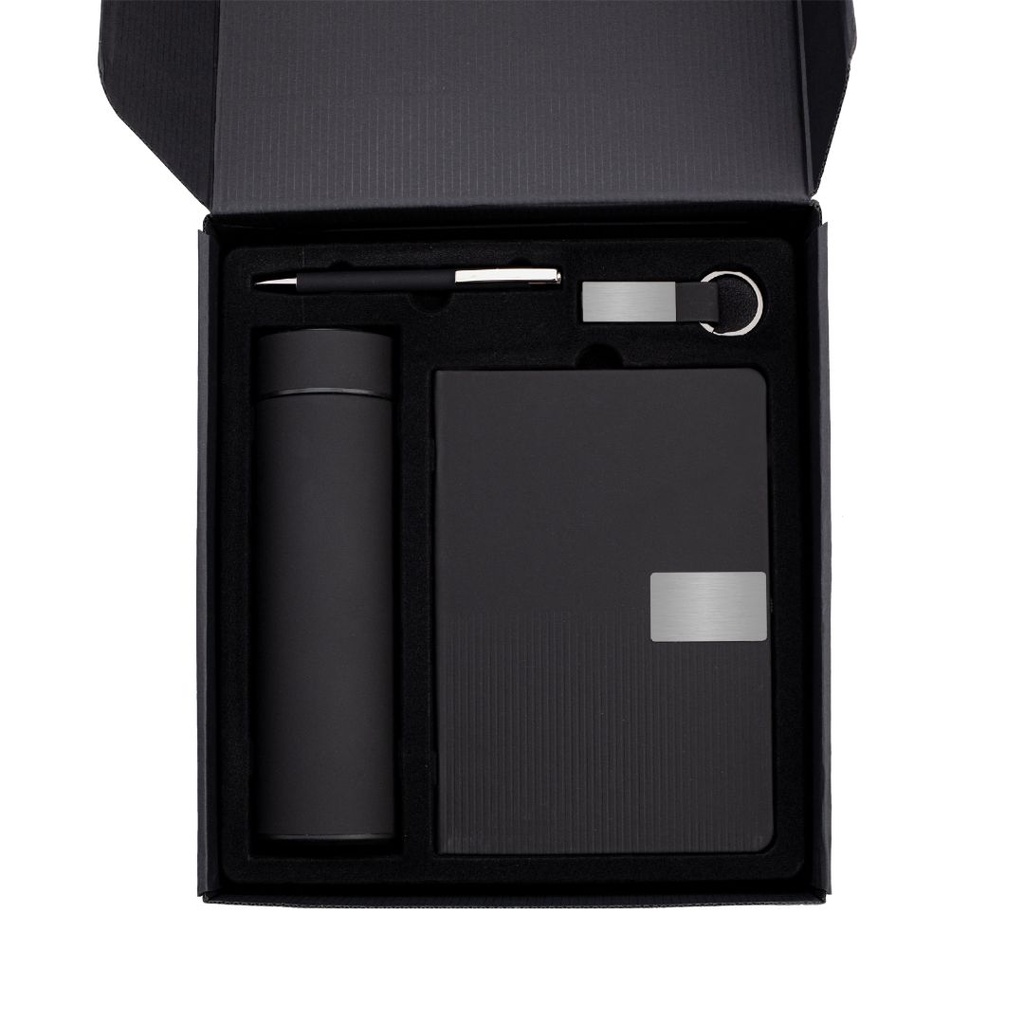ORION SET - Giftology Set of Temperature Flask, Notebook, Pen and Keychain - Black