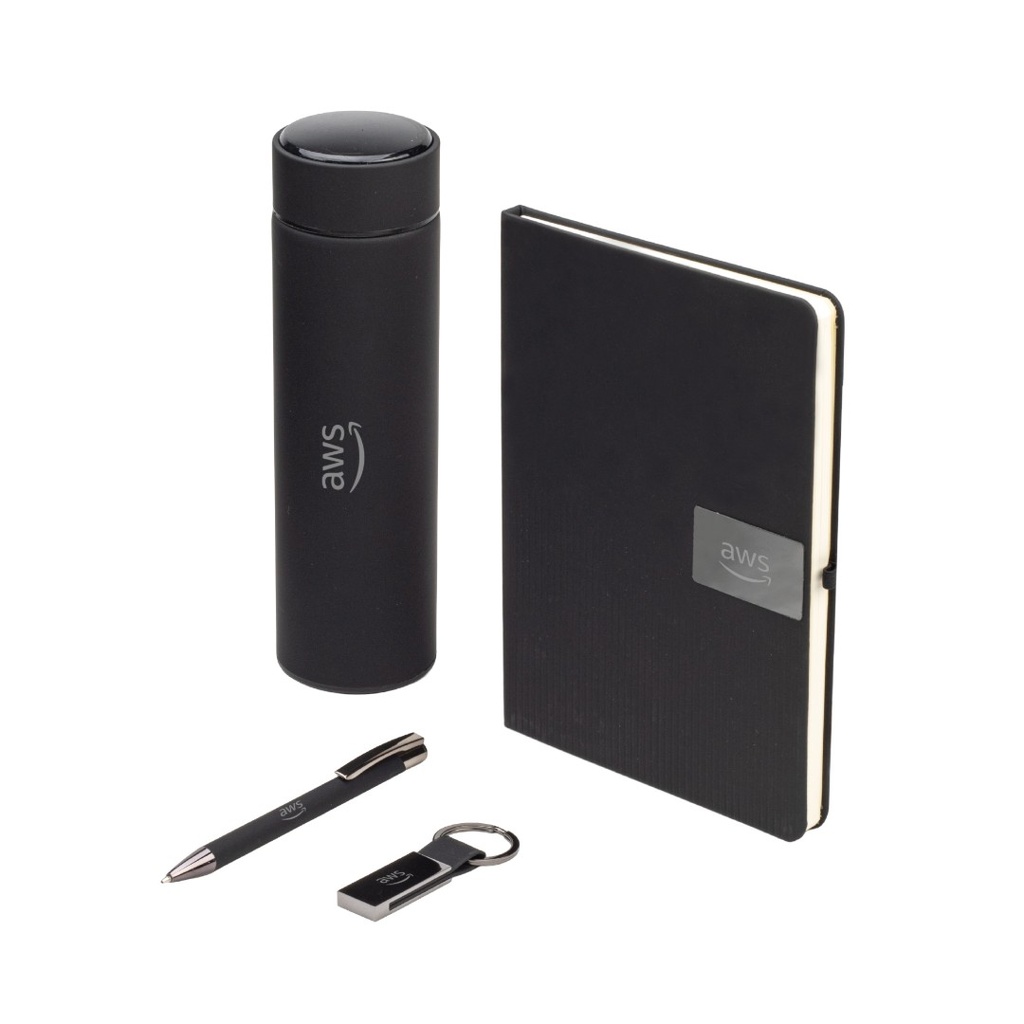 ORION SET - Giftology Set of Thermo Bottle, Notebook, Pen and Keychain - Black 