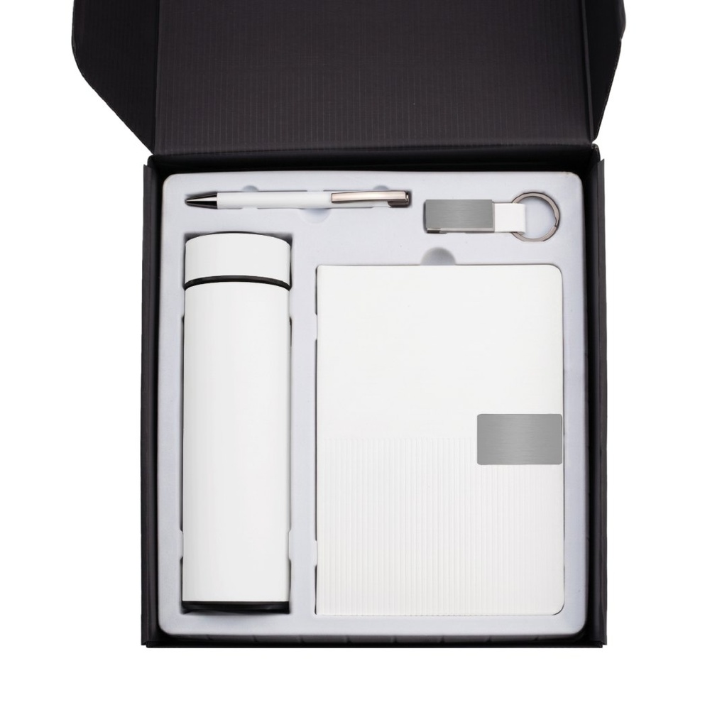 ORION SET - Giftology Set of Temperature Flask, Notebook, Pen and Keychain - White