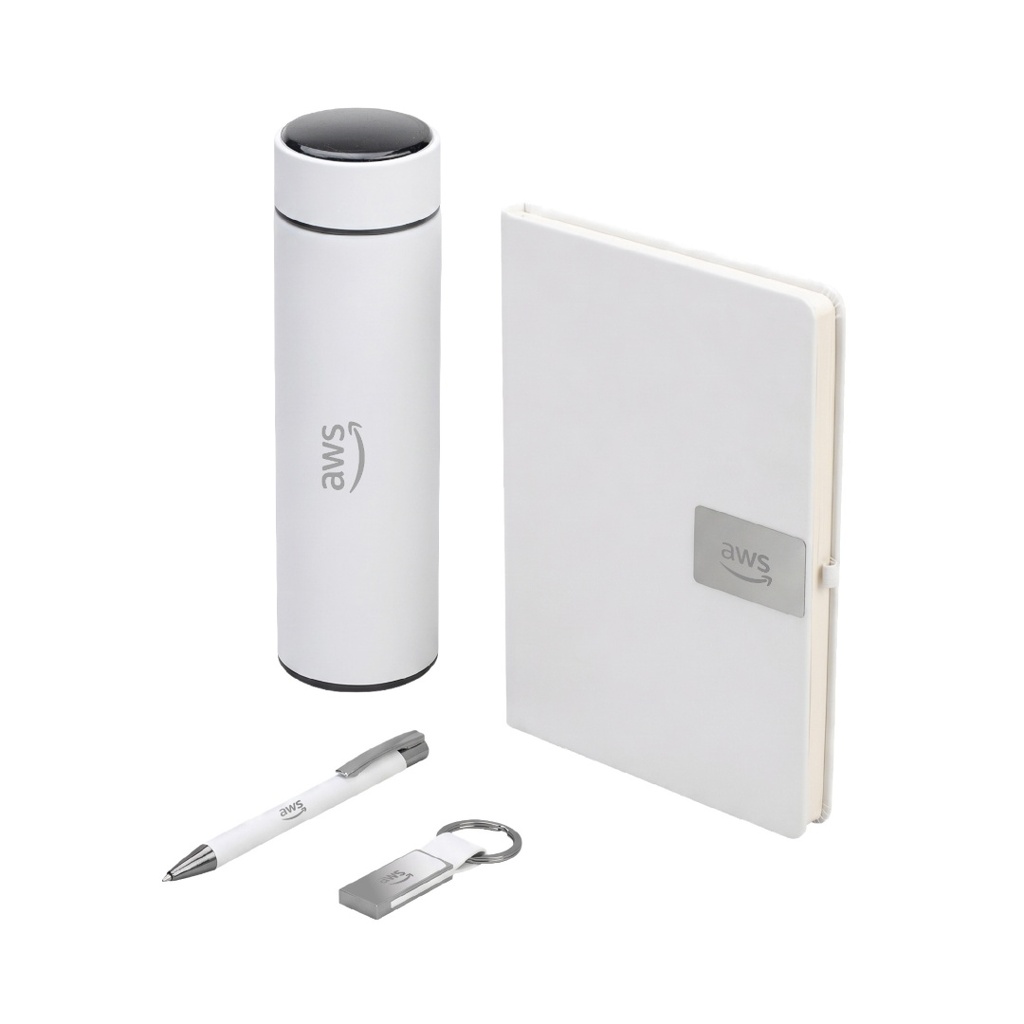 ORION SET - Giftology Set of Temperature Flask, Notebook, Pen and Keychain - White