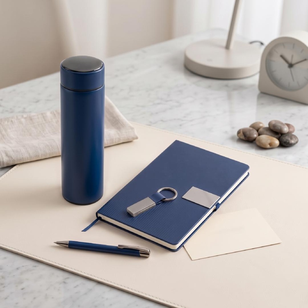 ORION SET - Giftology Set of Temperature Flask, Notebook, Pen and Keychain - Navy Blue
