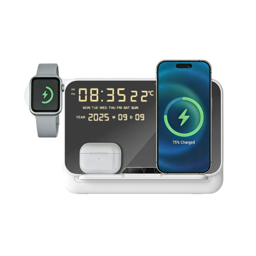 FAROS - @memorii 5 in 1 Wireless Fast Charging Station with Display Clock - White