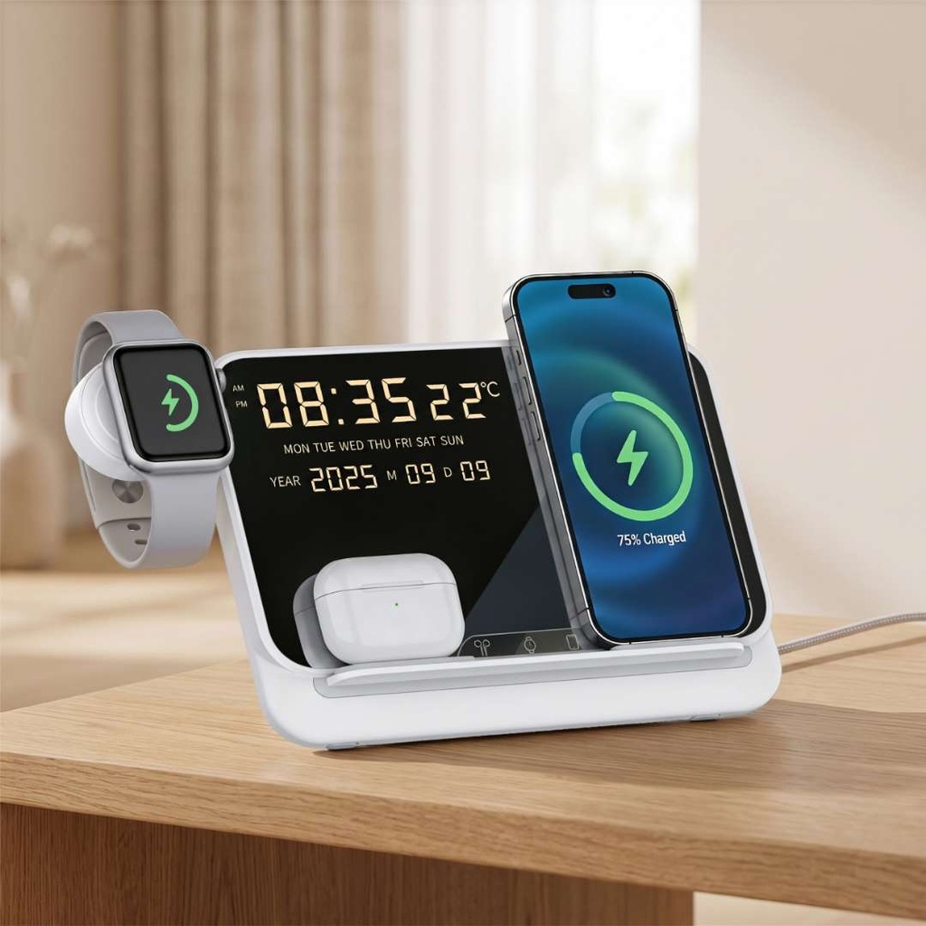 FAROS - @memorii 5 in 1 Wireless Fast Charging Station with Display Clock - White