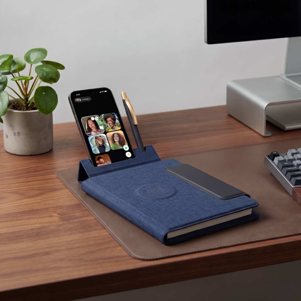 MagFolio - Santhome A5 PU Portfolio with 15W MagSafe Wireless Charger - Navy Blue