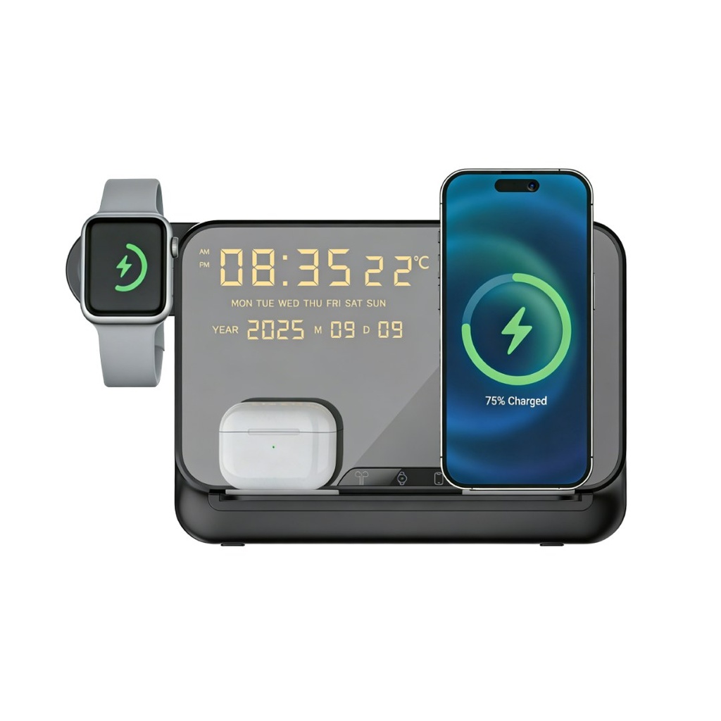 FAROS - @memorii 5 in 1 Wireless Fast Charging Station with Display Clock - Black