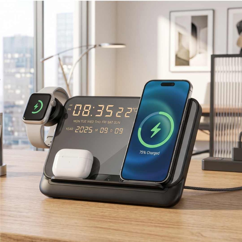 FAROS - @memorii 5 in 1 Wireless Fast Charging Station with Display Clock - Black