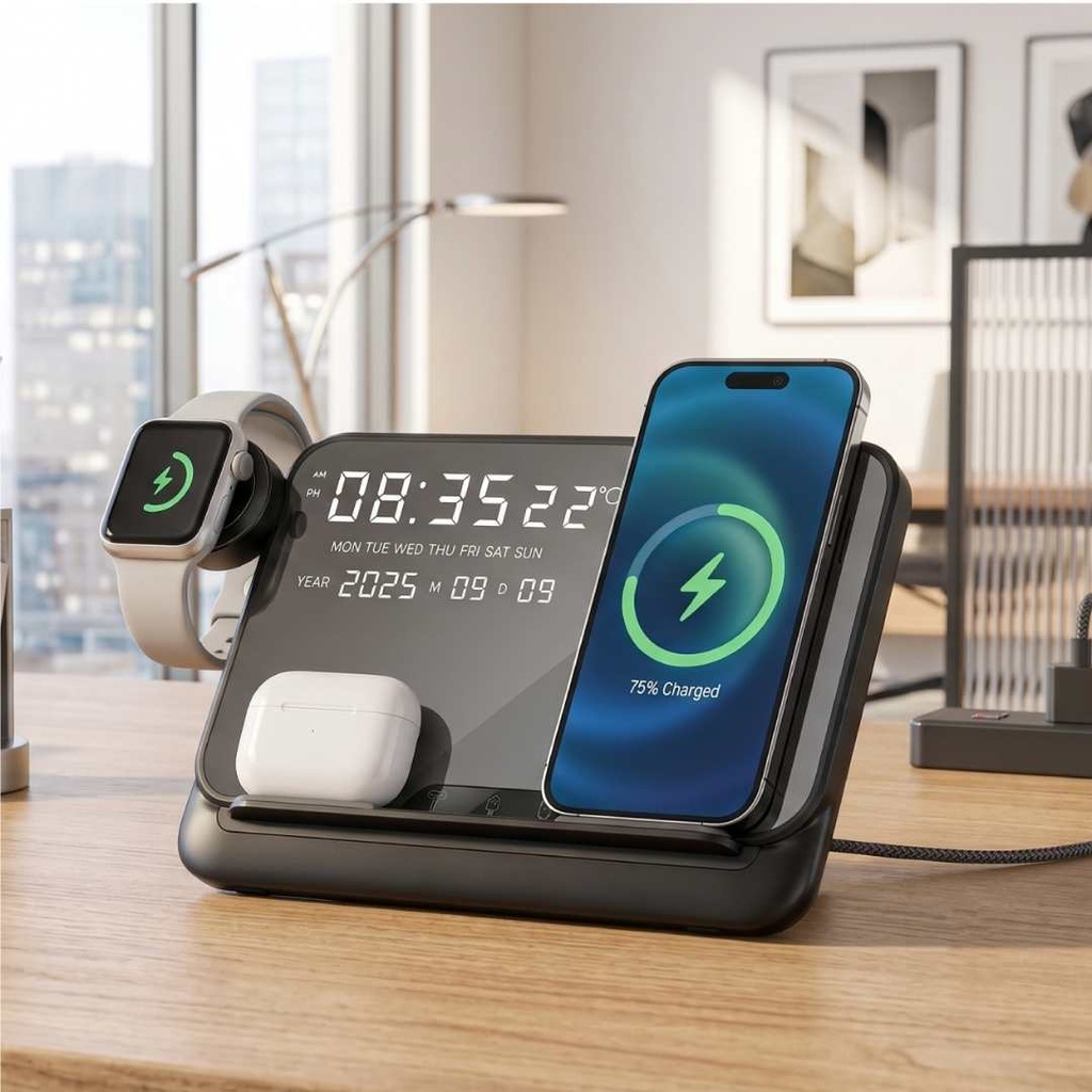FAROS @memorii 5 in 1 Wireless Fast Charging Station with Display Clock - Black