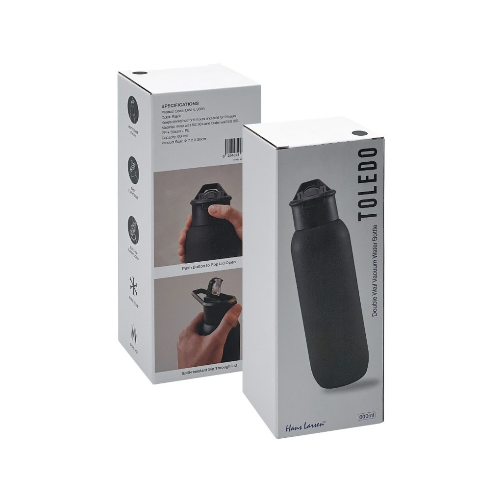 TOLEDO - Hans Larsen Double Wall Bottle with Straw  600 ml - Black