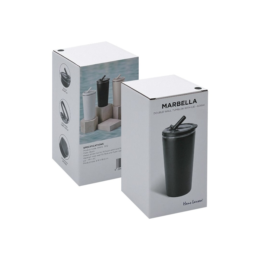 MARBELLA - Hans Larsen Double Wall Tumbler with Sip Lid 600 ml - Black