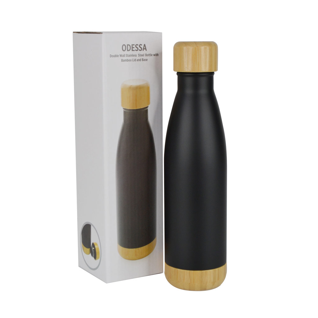 ODESSA - Giftology Double Wall Stainless Bottle with Bamboo Lid and Base - Black