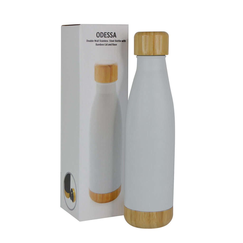 ODESSA - Giftology Double Wall Stainless Bottle with Bamboo Lid and Base - White