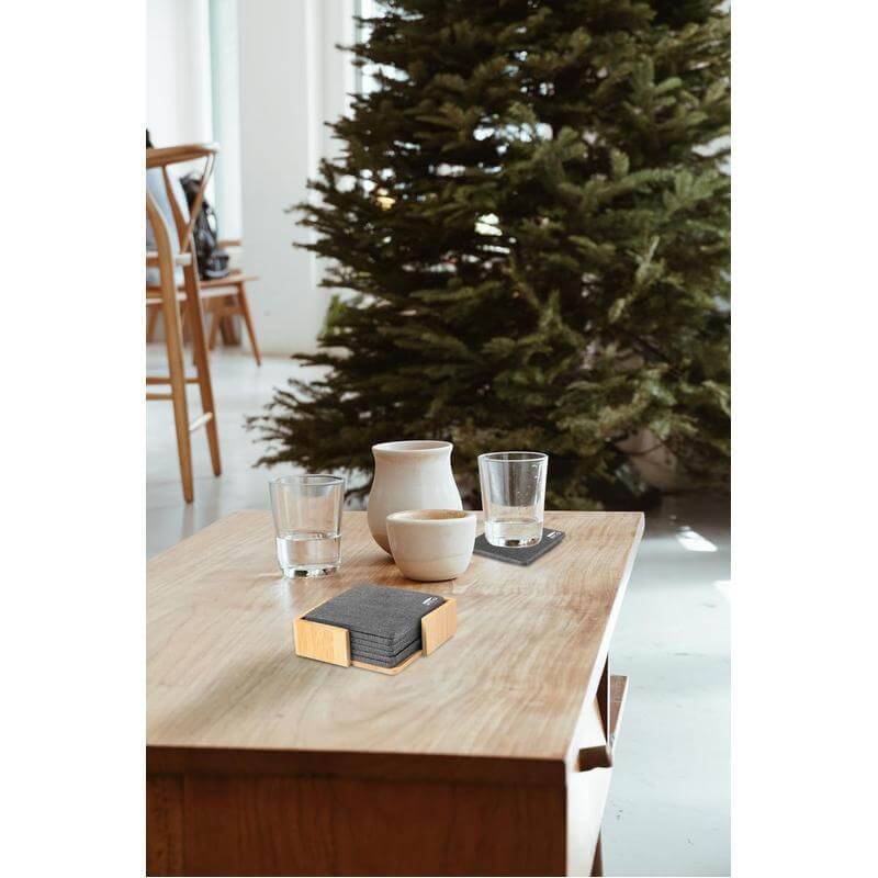 LAAX - eco-neutral RPET Set of 6 Felt Coasters with Bamboo Stand
