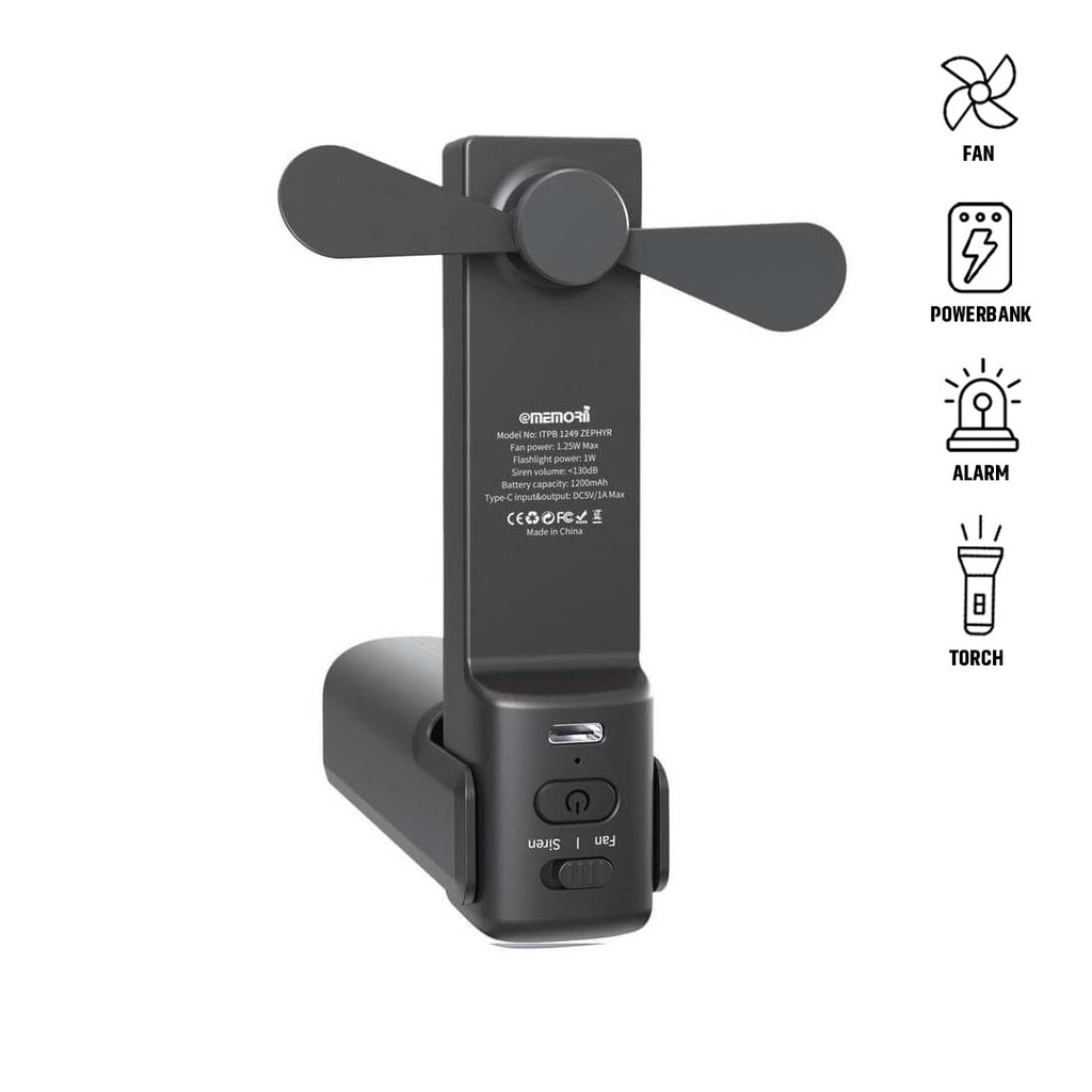 ZEPHYR - @memorii 4-in-1 Fan Powerbank, Safety Alarm & Torch - Black - view 1 of 4