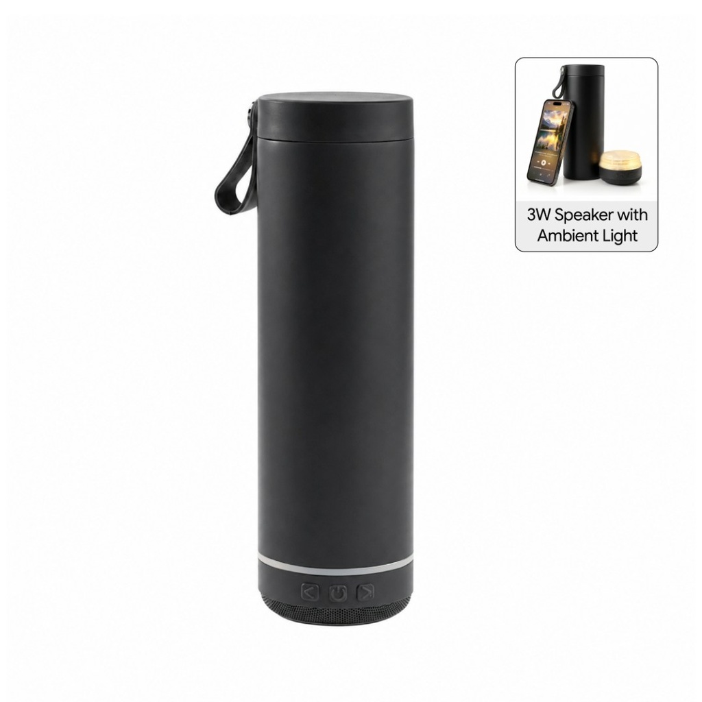 Giftology Double Wall Vacuum Bottle with 3W Speaker - 500 ml - Black