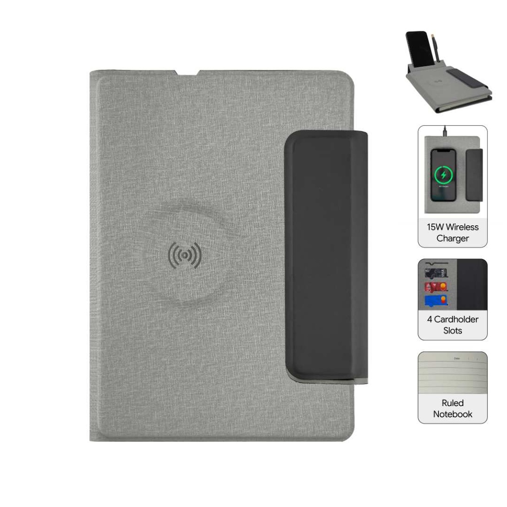 MagFolio - Santhome A5 PU Portfolio with 15W MagSafe Wireless Charger - Grey 