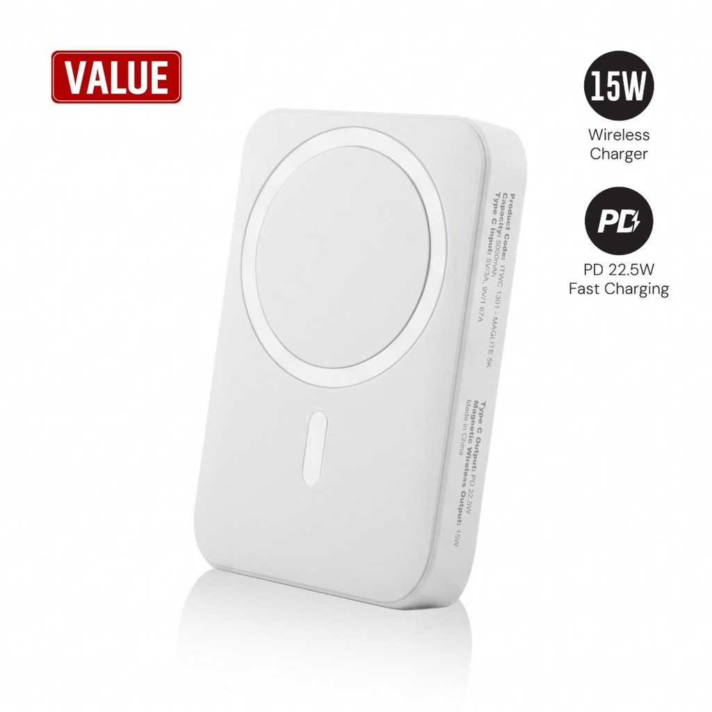 Maglite 5K - 5000 mAh Magnetic Wireless Power Bank - White