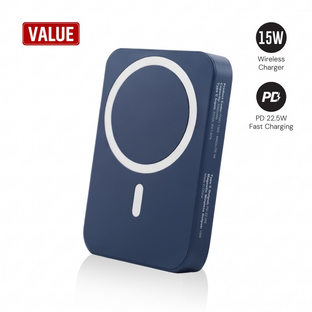 Maglite 5K - 5000 mAh Magnetic Wireless Power Bank - Navy Blue