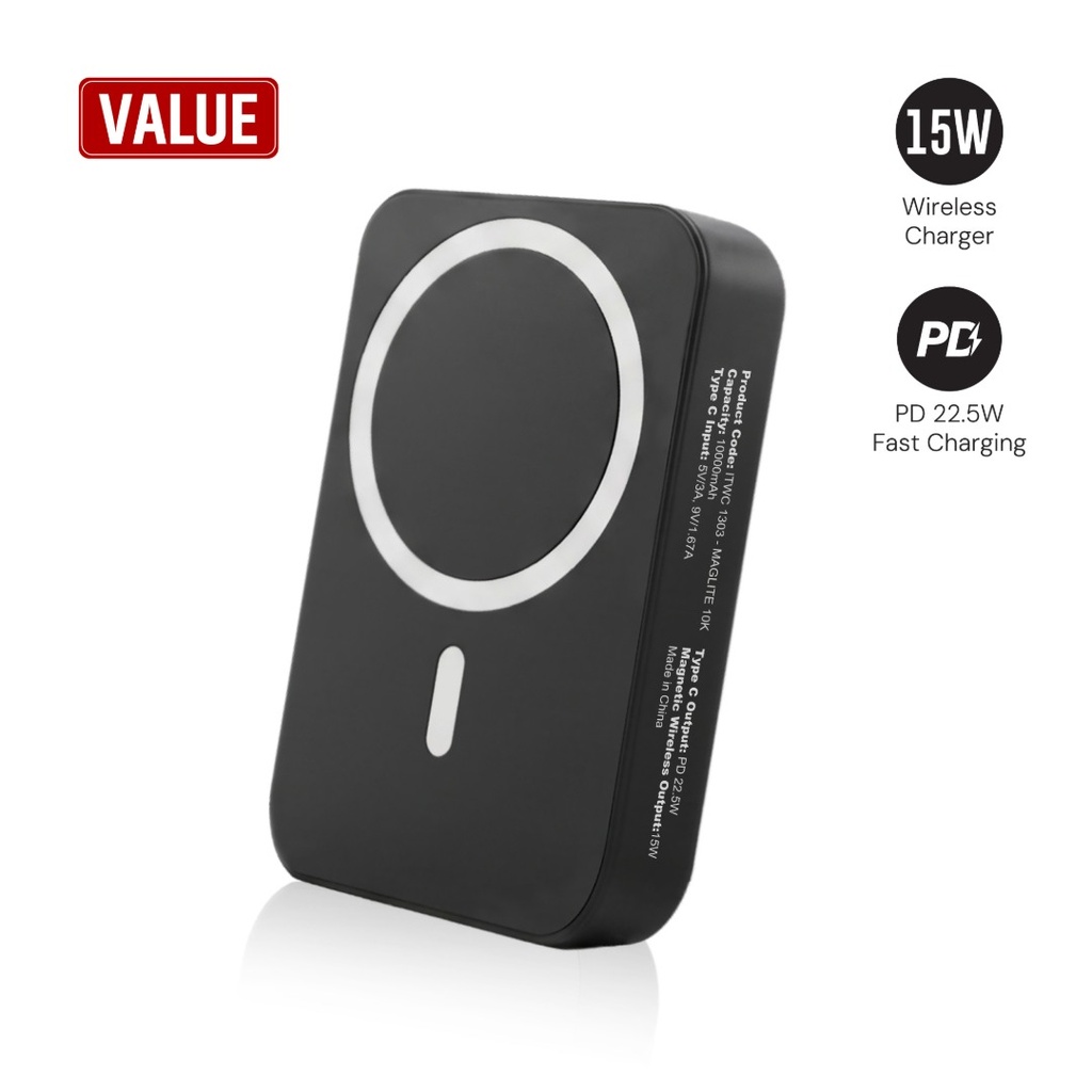 Maglite 10K - 10000 mAh Magnetic Wireless Power Bank - Black