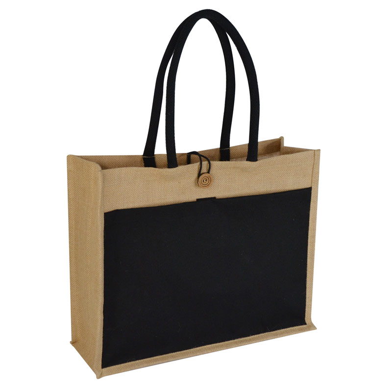 MONCLOVA Jute Bag with Canvas Pocket Black Jasani