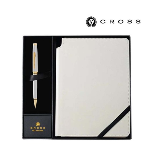 [GSCR 5021] Cross Coventry Chrome/Gold Ballpoint Pen with Classic White Journal Gift Set