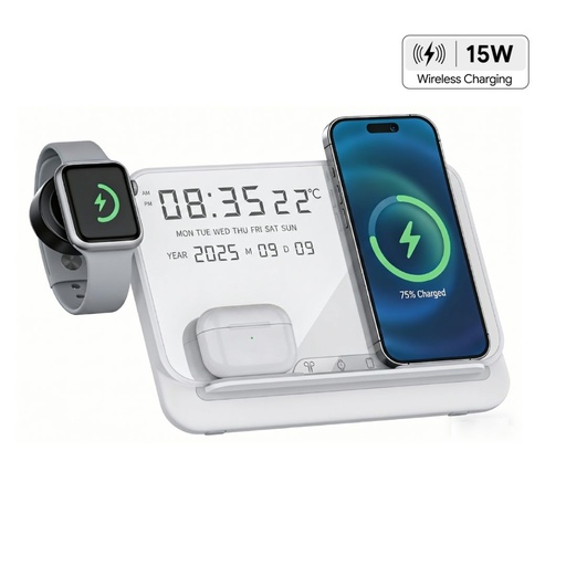 [ITWC 1306] FAROS - @memorii 5 in 1 Wireless Fast Charging Station with Display Clock - White